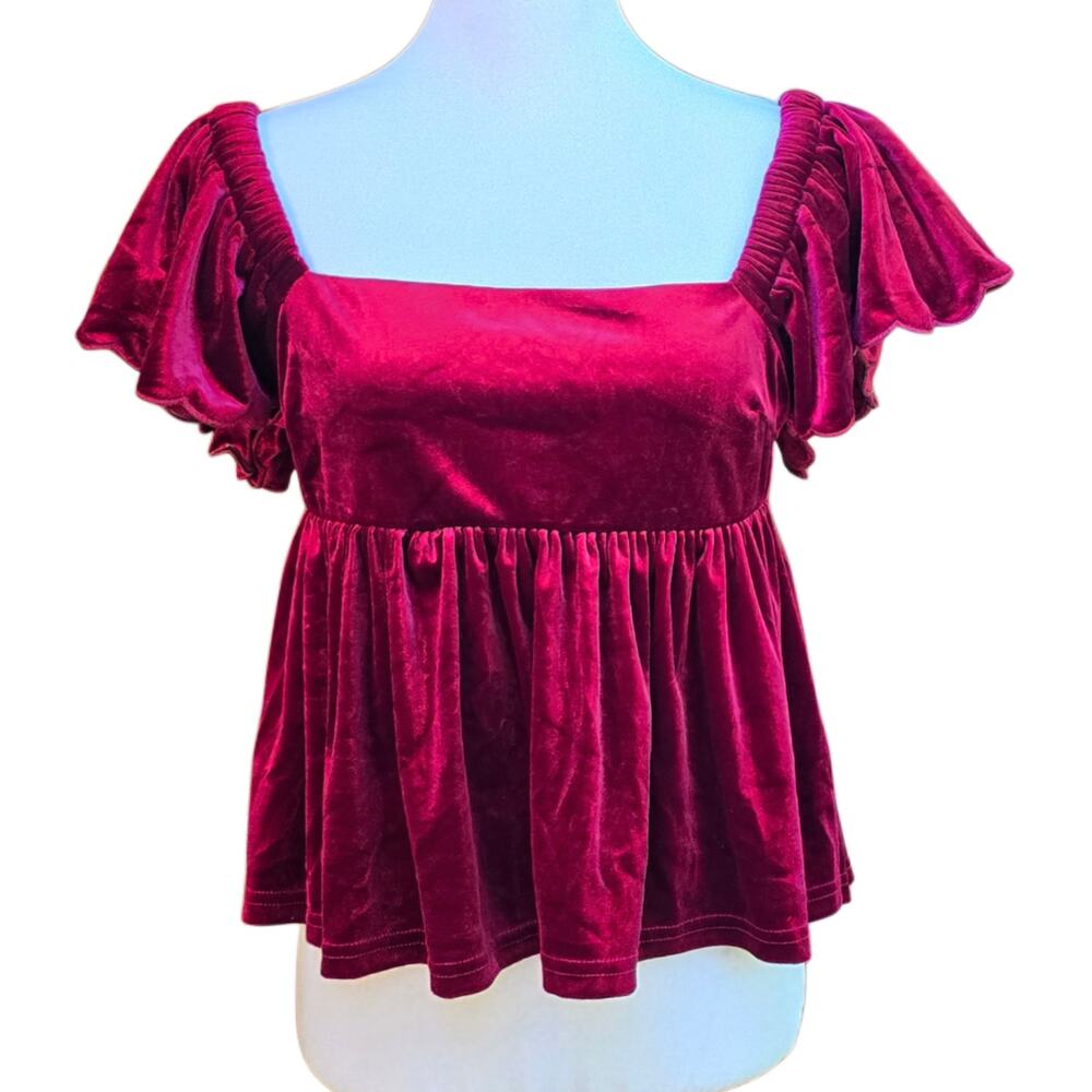 Altar'd State Velvet Peplum Top Burgundy Red Square Neck Scallop Sleeve Size M